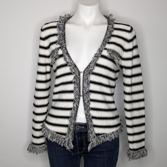 Vintage Cache Black White Striped Gold Long Sleeve Fringe Cardigan Sweater M - Picture 1 of 9
